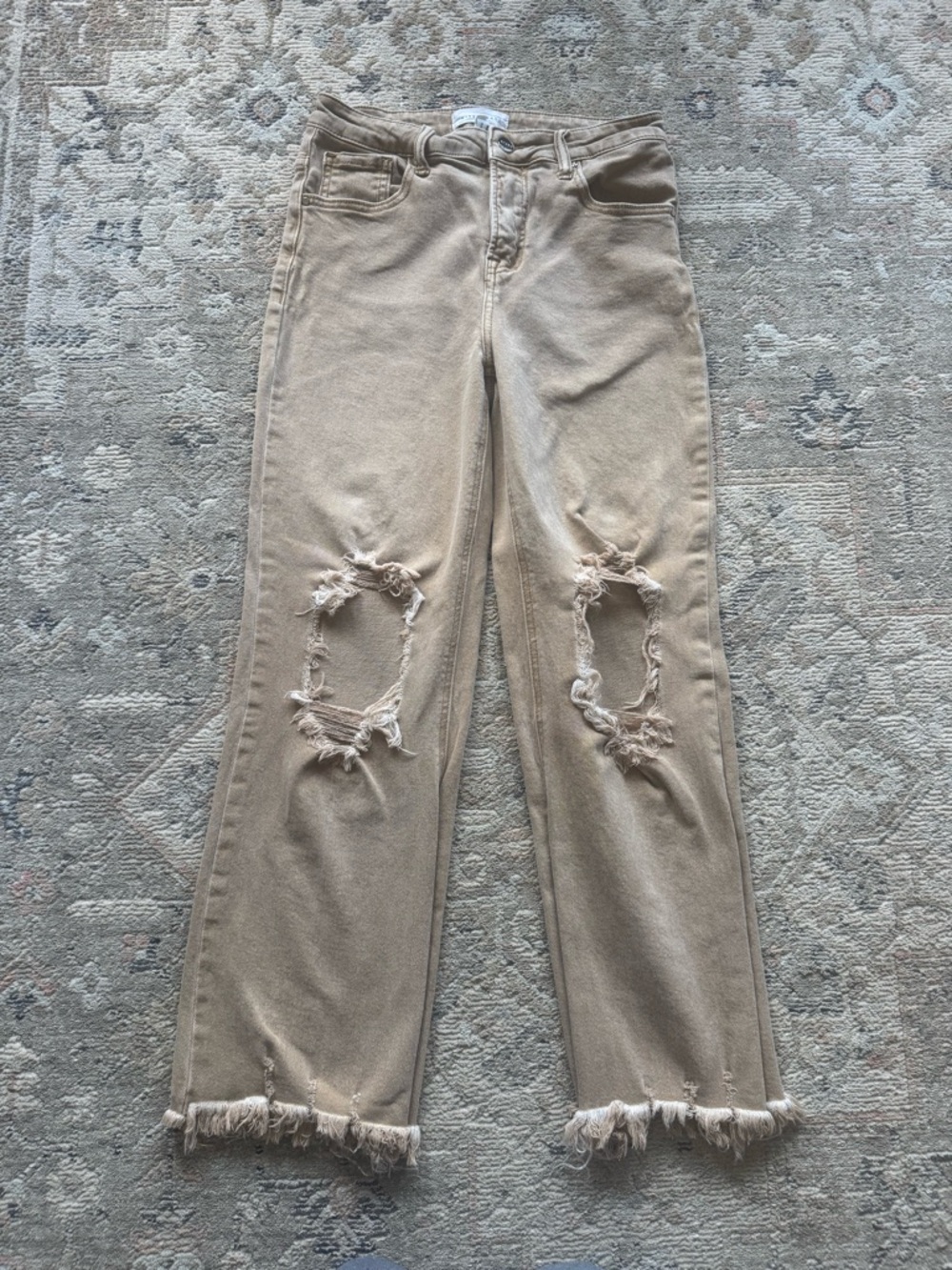 High-Rise Beige Distressed Cropped Jeans with Frayed Hem